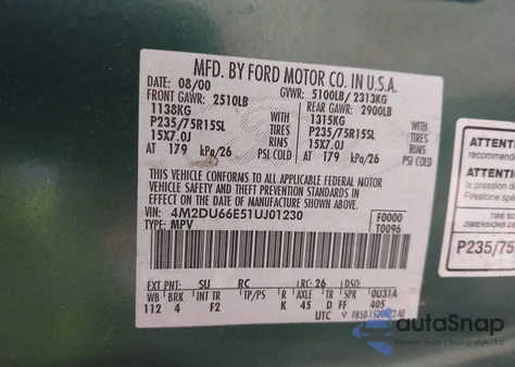 2001 Mercury Mountaineer из США, поврежденный, VIN 4M2DU66E51UJ01230